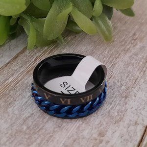 Black/Blue Stainless Steel Wide Band Spinner Ring w Roman Numerals NWT! - Size 7